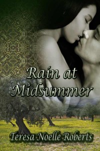 cover of Rain at Midsummer (het couple kissing in orchard)