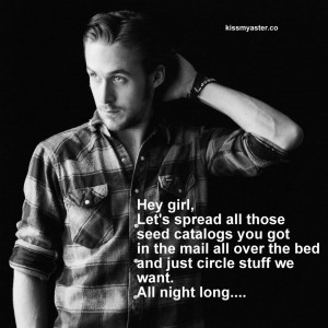 Ryan Gosling "Hey Girl" meme, farm style. Ryan is in a flannel shirt, looking soulful abd handsome. Caption "Hey girl, let's spread out seed catalogs on thed and circle stuff we want...all night long."