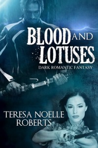 Book cover for BLOOD AND LOTUSES (attractive Asian man and woman with swords)