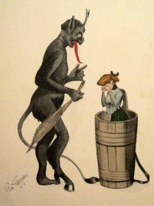 Krampusnacht card - demon threatening Victorian young woman who doesn't look all that upset