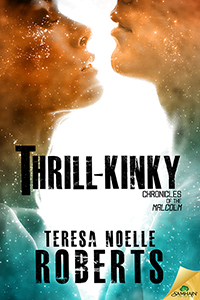 Book Cover for Thrill-Kinky: embracing heterosexual couple with an overlay of stars