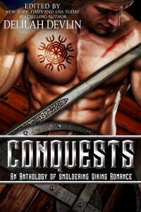 Cover of the anthology CONQUESTS. Shirtless, buff man (only torso shows), tattooed with traditional Nordic design. He holds a sword and shield.