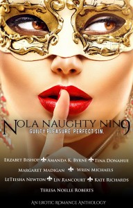 Cover for NOLA NAUGHTY NINE: Attractive white woman in Mardi Gras half-mask, holding a finger to her red lips