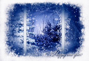 A view of a snowy landscape through a windowpane. Everything is tinted blue. Caption: Happy New Year