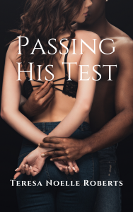Cover of Passing His Test. Well-built black man restraining the wrists of a pretty white woman in a lovingly kinky way.

